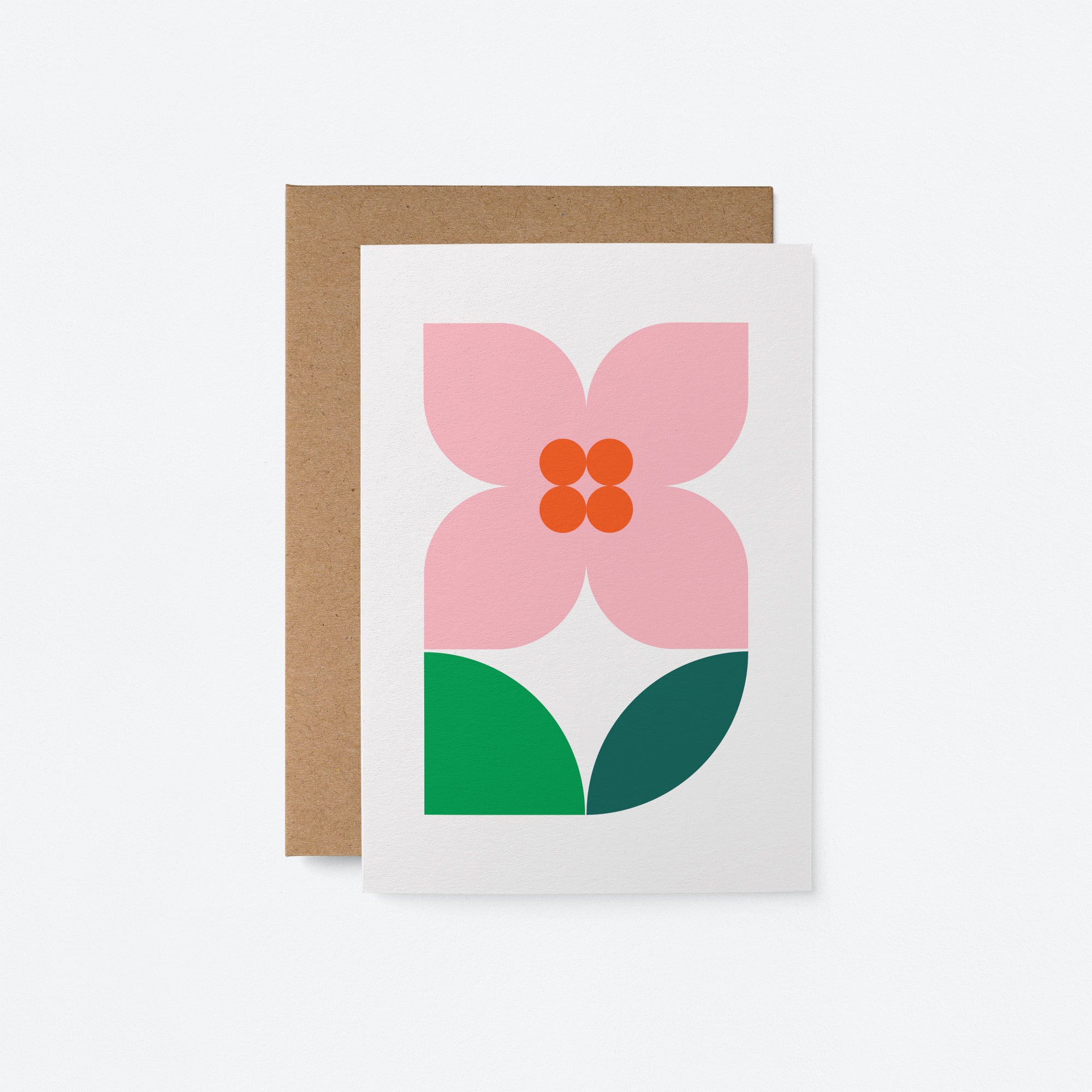 Flower No 26 greeting card featuring a pink flower with green leaves on a white background, paired with a kraft envelope.