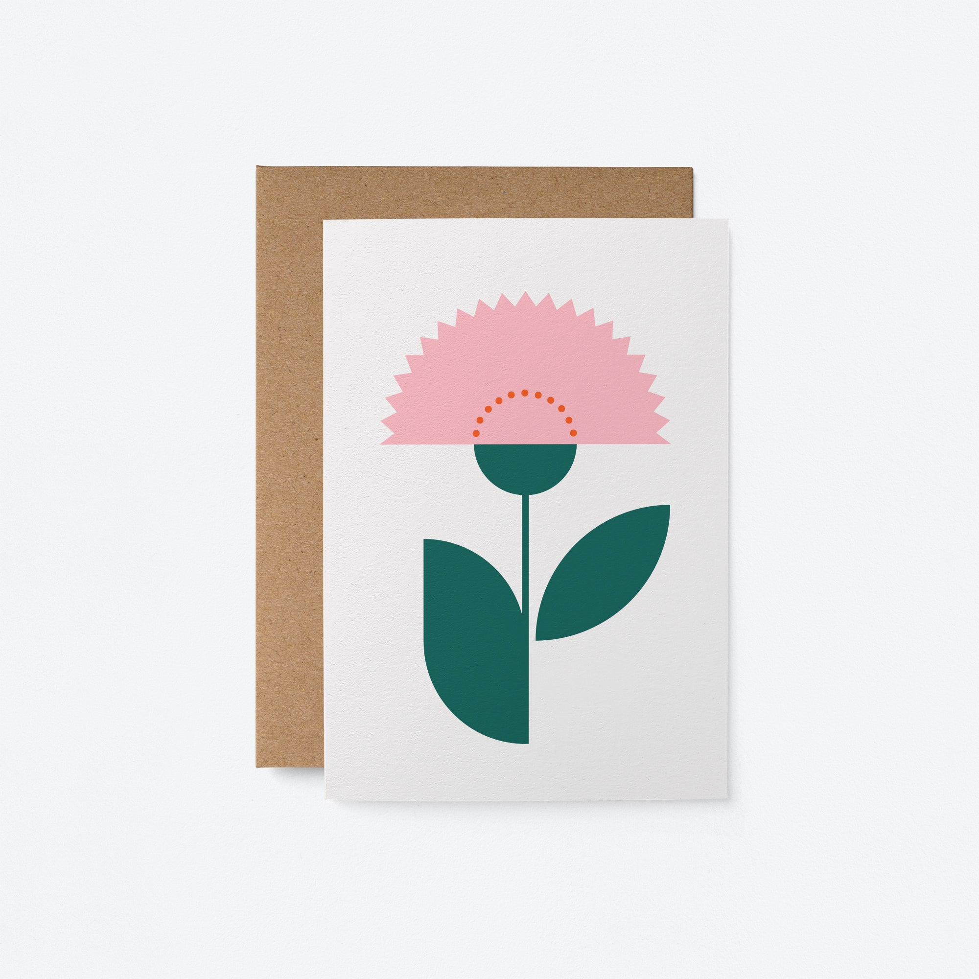 Flower No 32 greeting card featuring a soft pink flower with green leaves on a white background, paired with a kraft envelope.