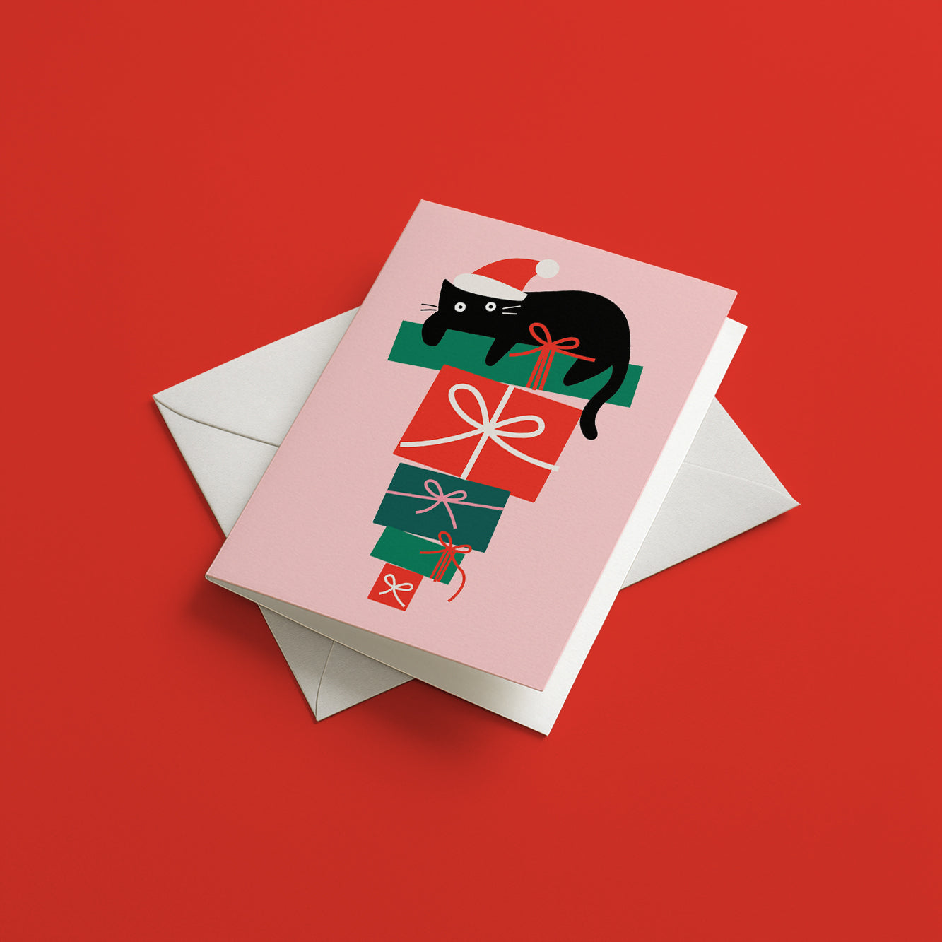 Cat on Presents Stack - Christmas card