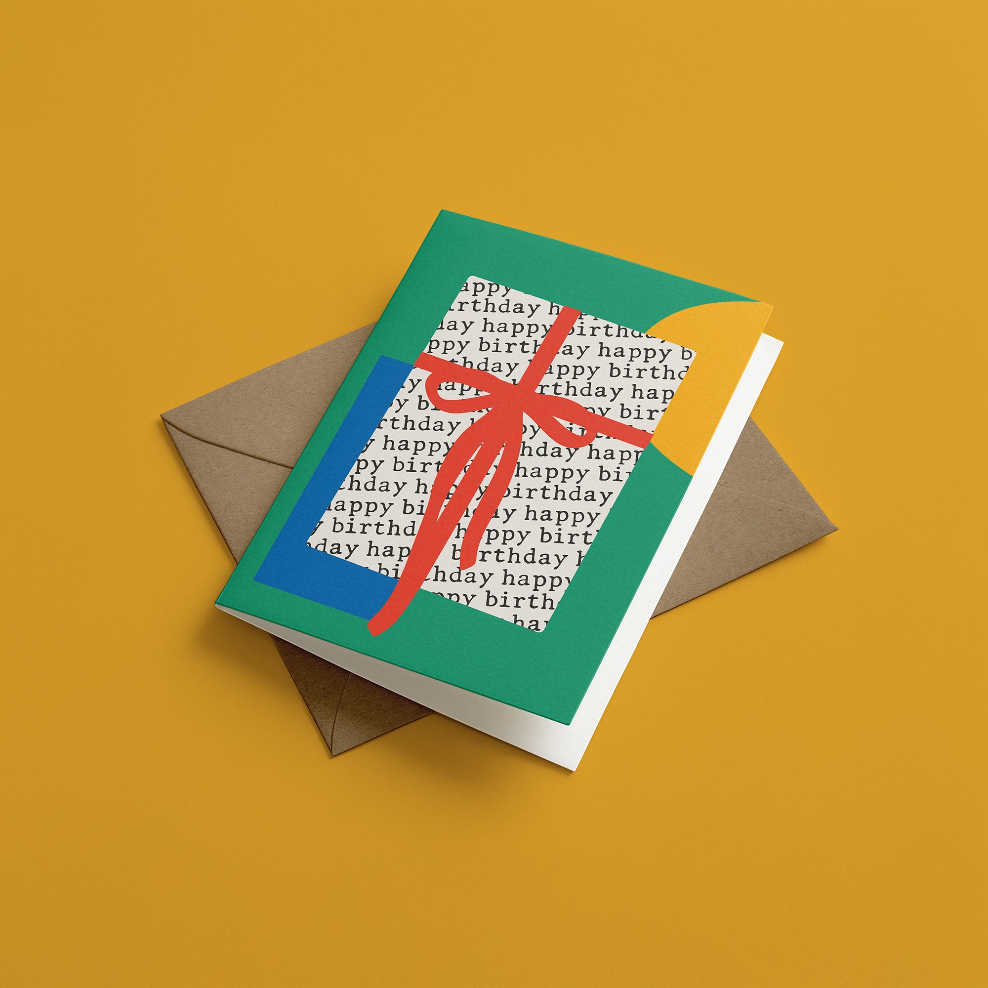 Greeting card with a red ribbon gift illustration on a yellow background