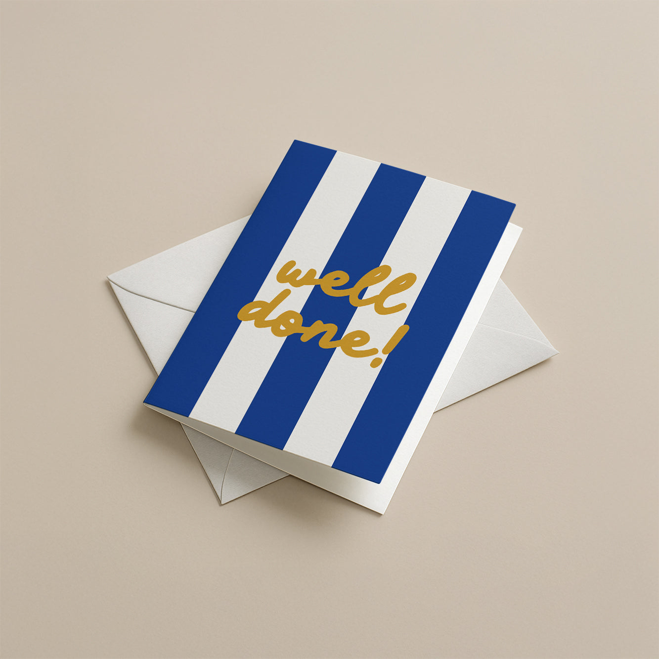 Greeting card with blue and white stripes and 'well done!' text on a beige background