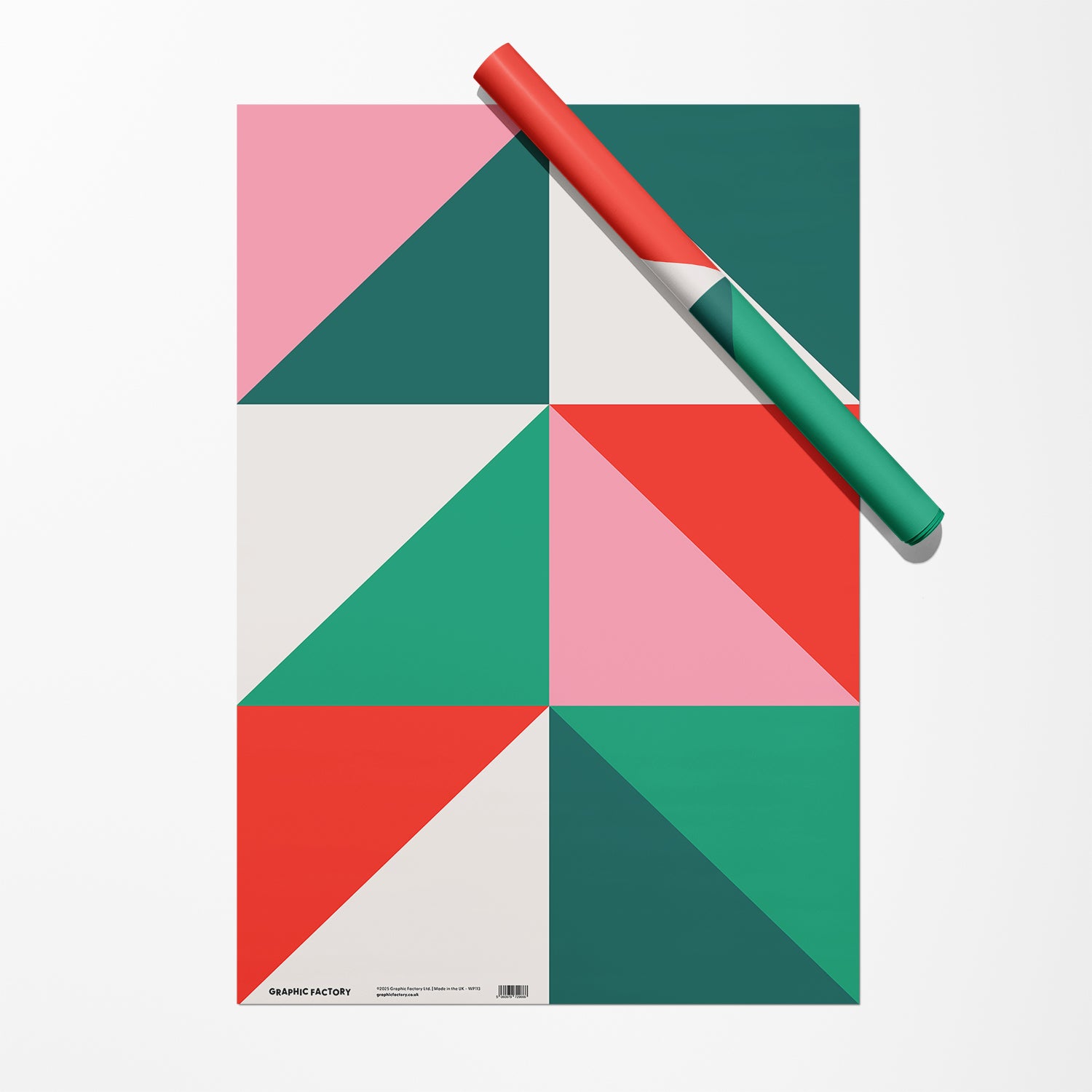 Geometric Christmas gift wrap with red, pink and green triangles by Graphic Factory.