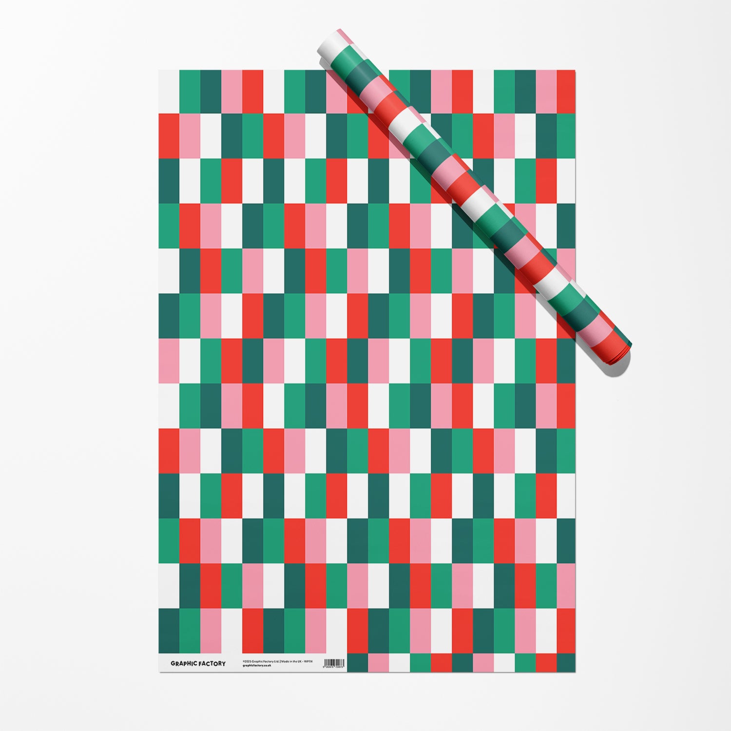 Modern chequered Christmas wrapping paper in red, green and pink.