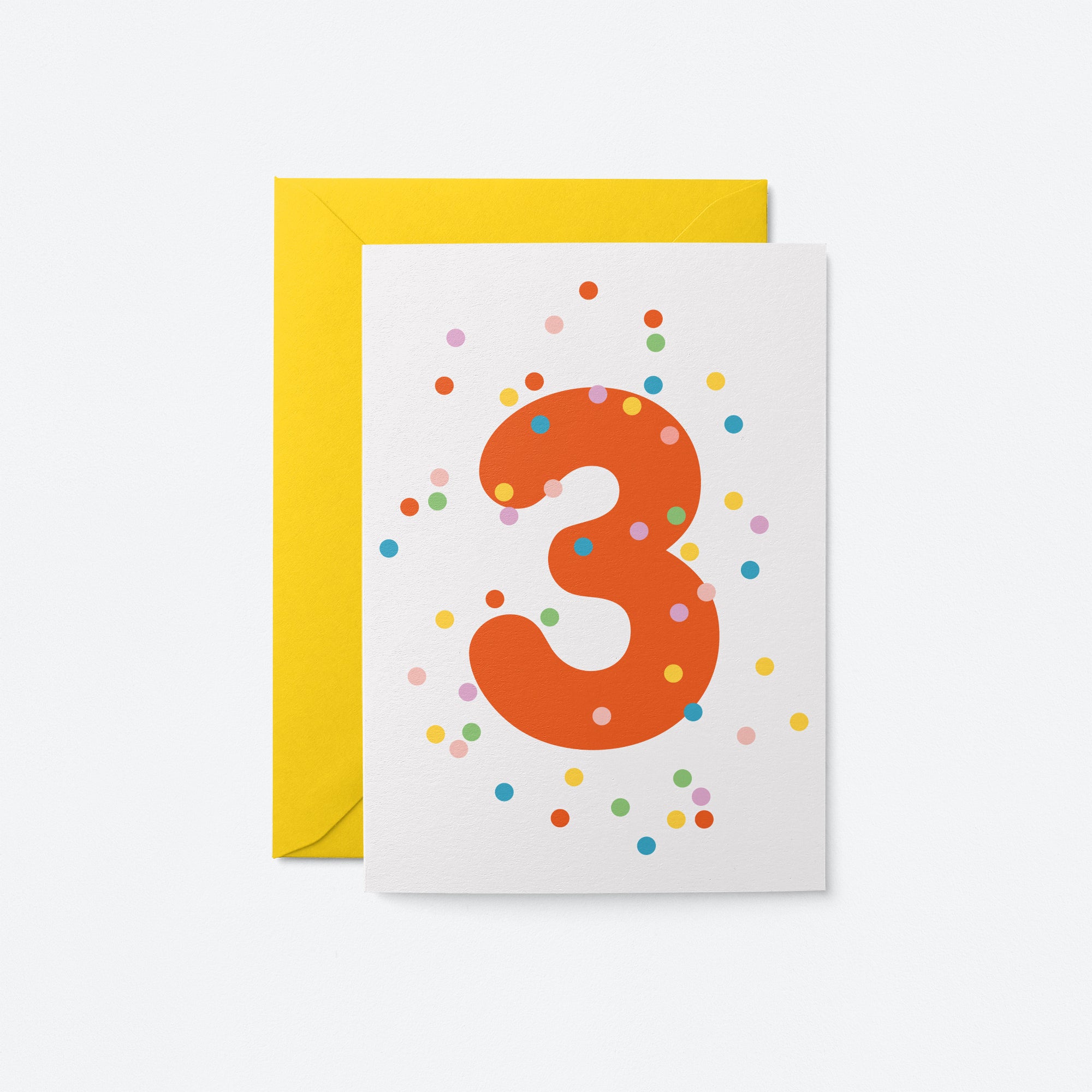 3rd birthday age card with colorful confetti and red number 3