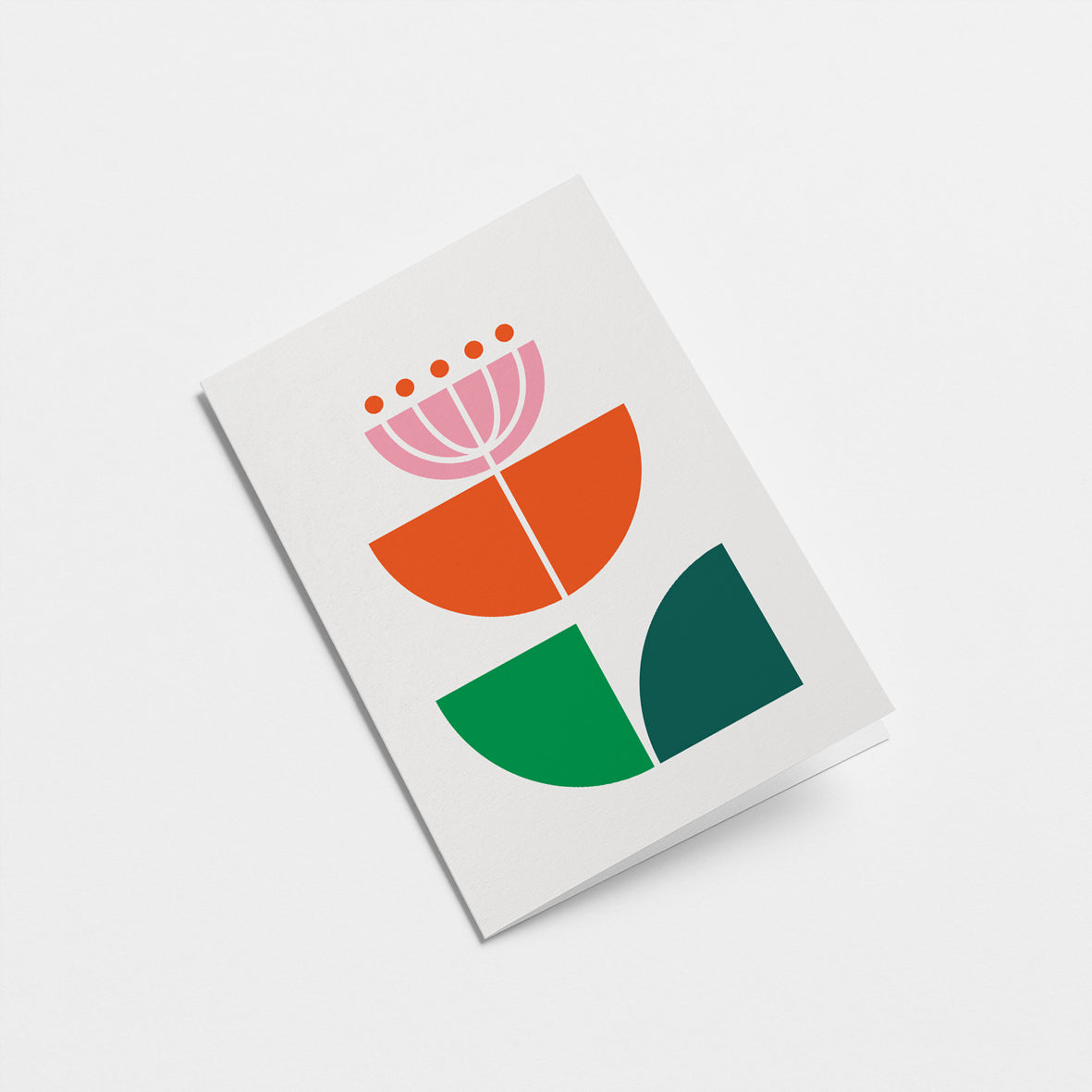 everyday greeting card with pink flower, red, green, dark green leafs
