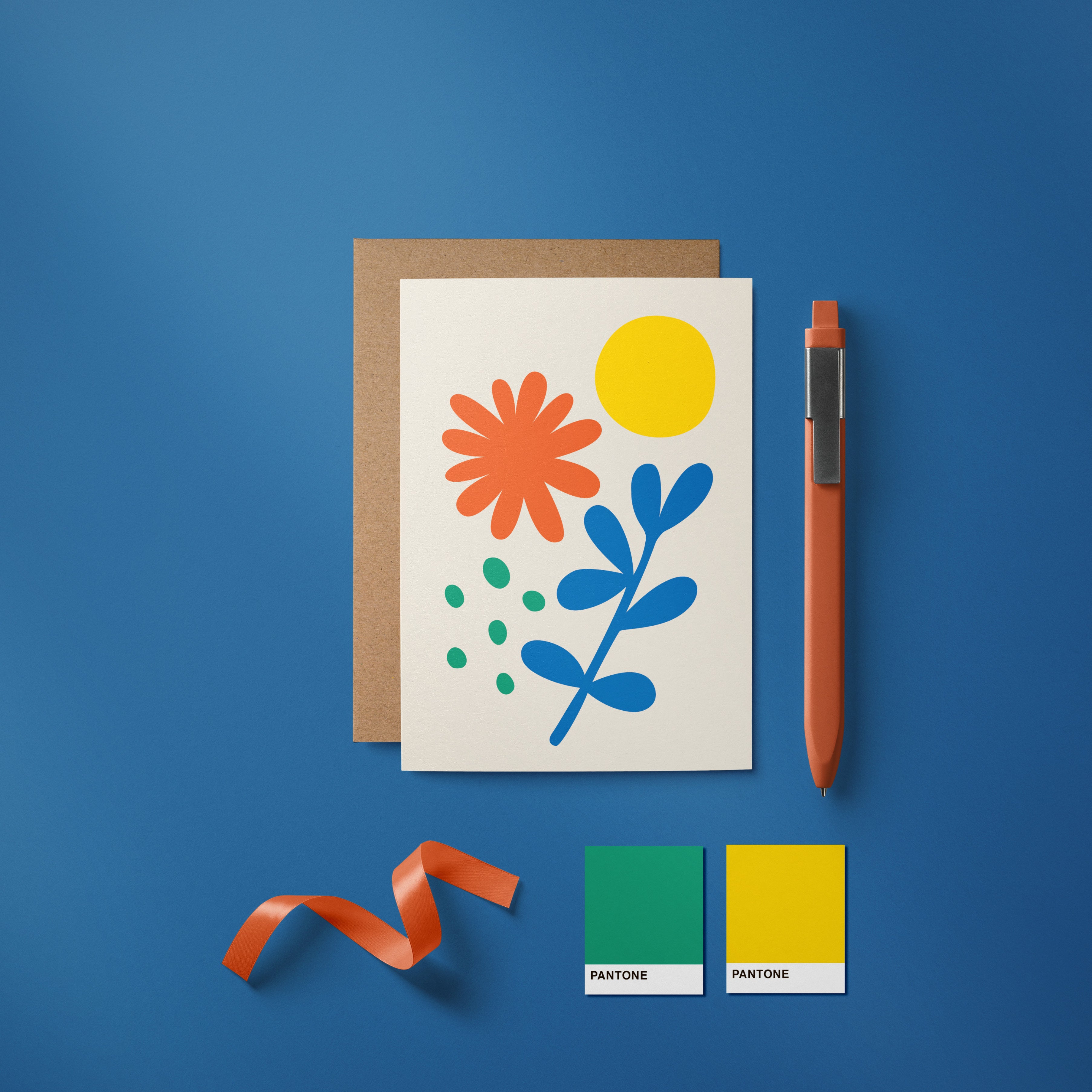 greeting card with red and blue flower, green dots and yellow sun Edit alt text