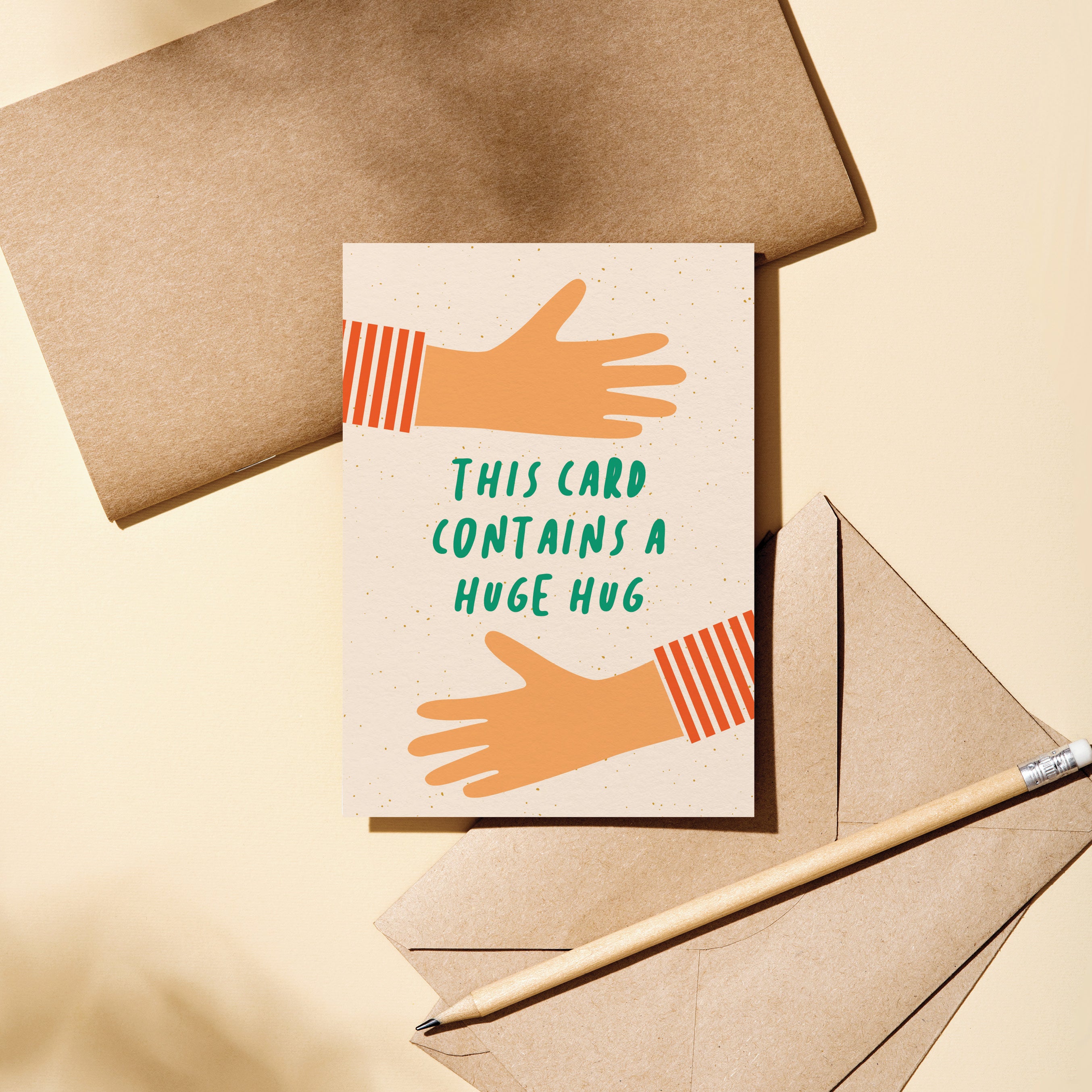 greeting card with two arms hugging with a text of this card contains a huge hug Edit alt text