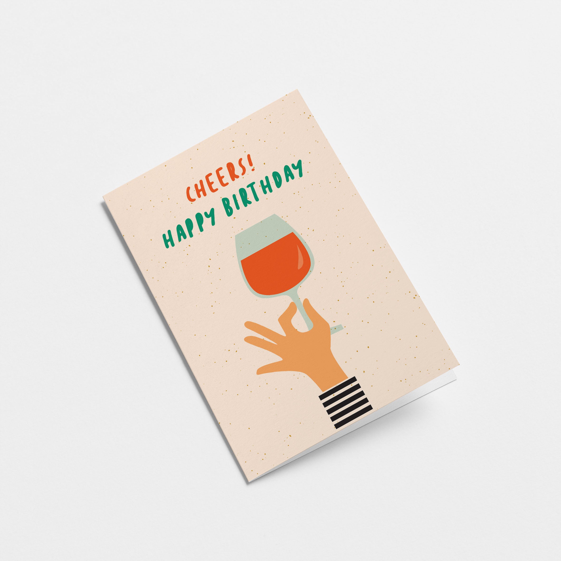 Birthday card with a hand holding a glass of wine and a text that says Cheers! Happy Birthday Edit alt text