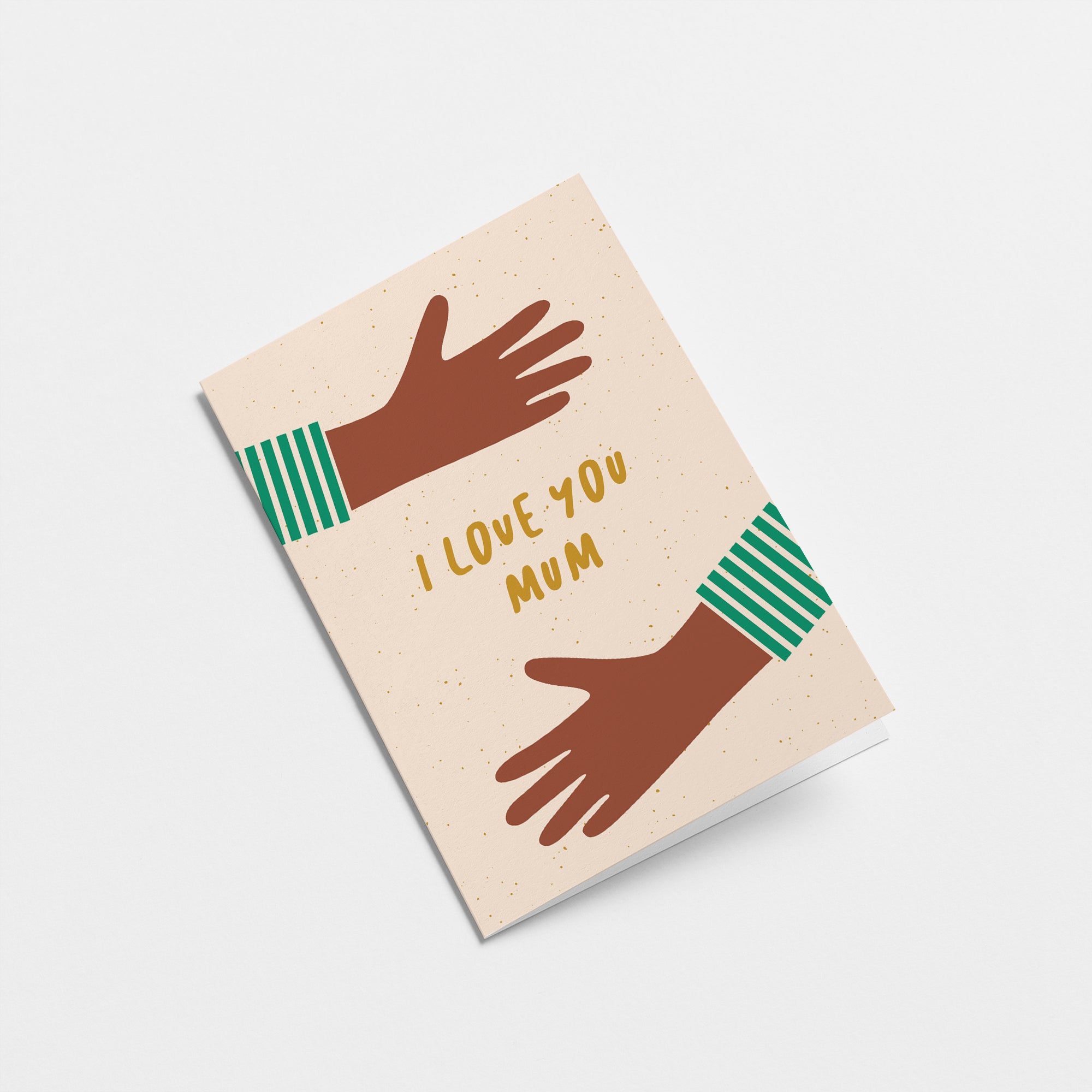 birthday mothers day card with two black hands making hug gesture and a text that says i love you mum Edit alt text