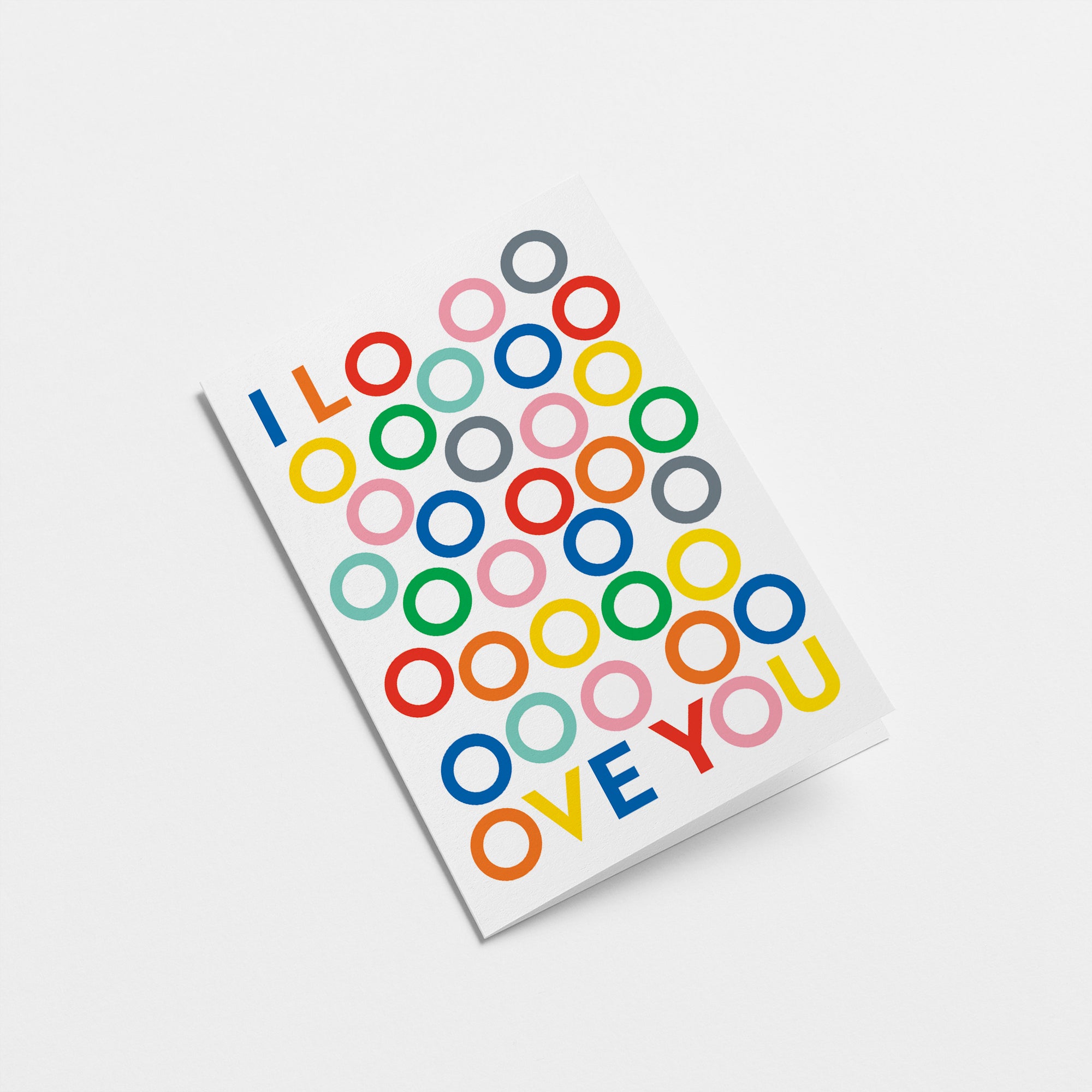 love card with colorful o letters and and a text of i love you Edit alt text