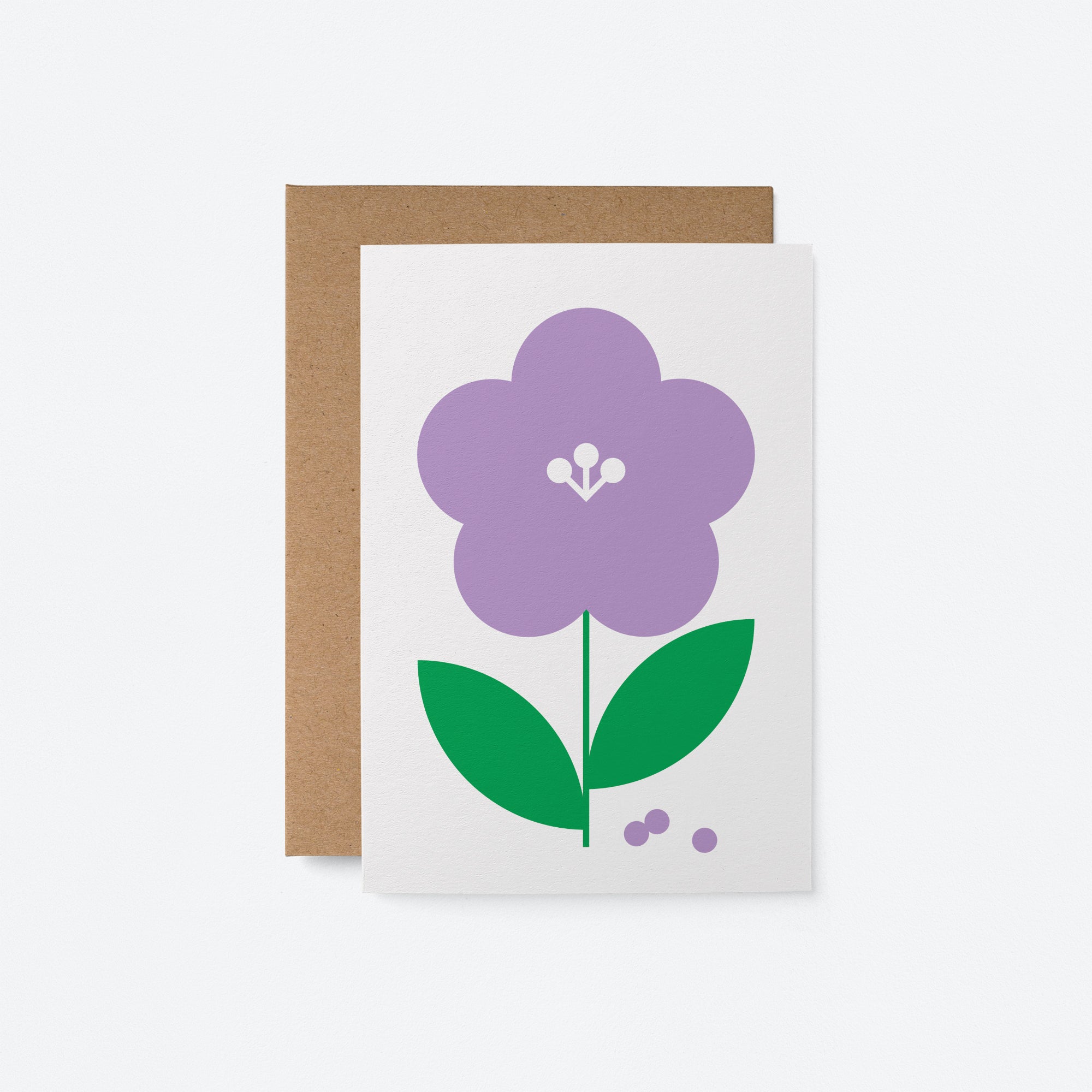 Flower No 30 greeting card displaying a purple flower with green leaves on a white background, paired with a kraft envelope.