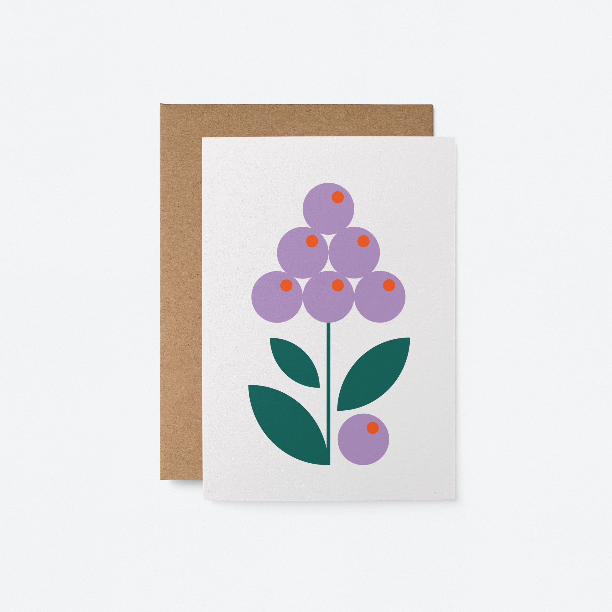 Flower No 33 greeting card with delicate purple flowers and green leaves on a white background, paired with a kraft envelope.