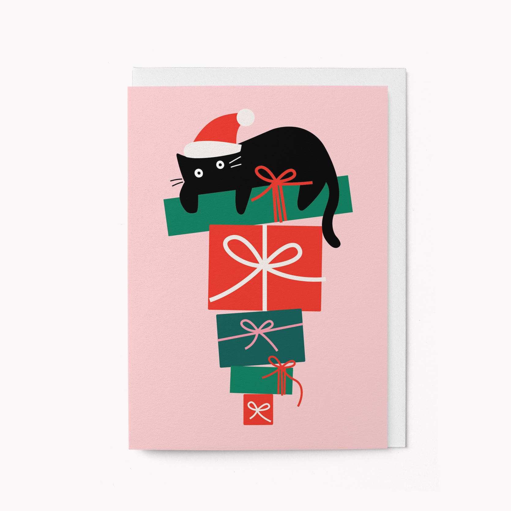 Cat on Presents Stack - Christmas card