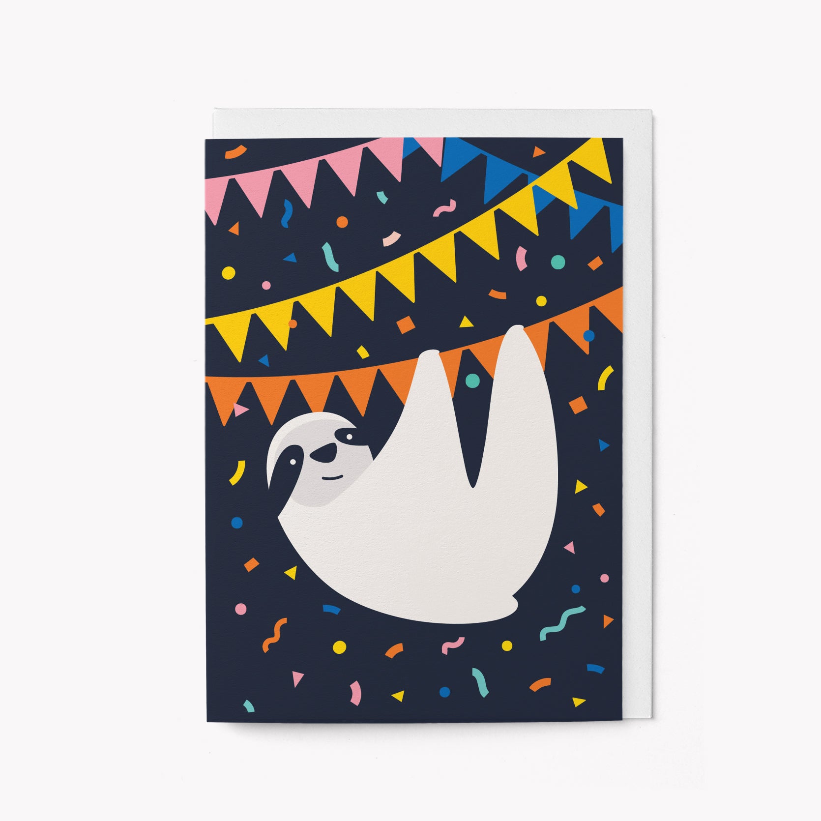A greeting card Illustration of a sloth hanging below colourful bunting on a dark blue background