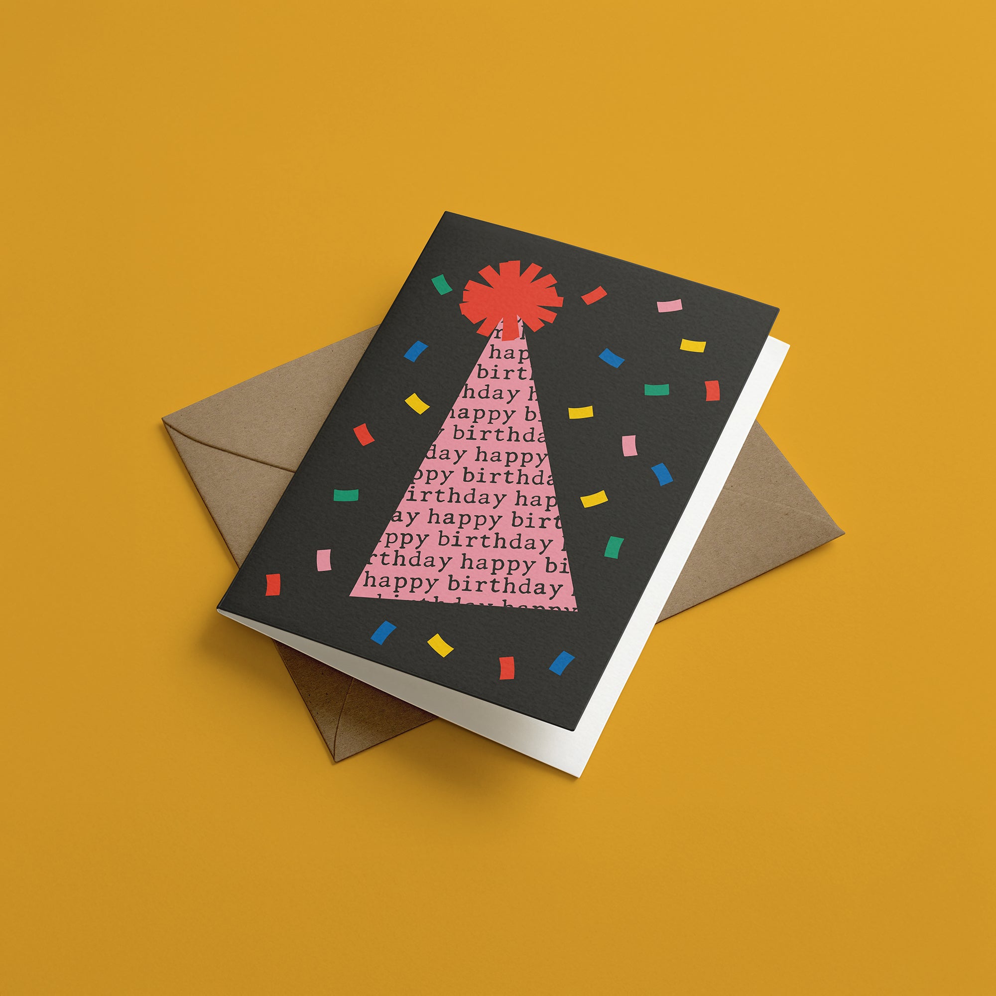 Birthday card with happy birthday text on a pink party hat.