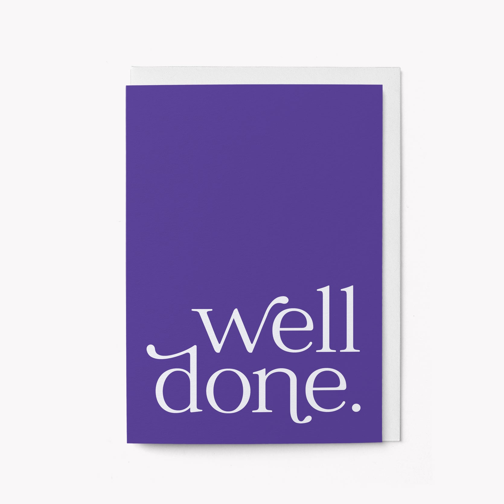 Purple greeting card with 'well done' text on a white envelope