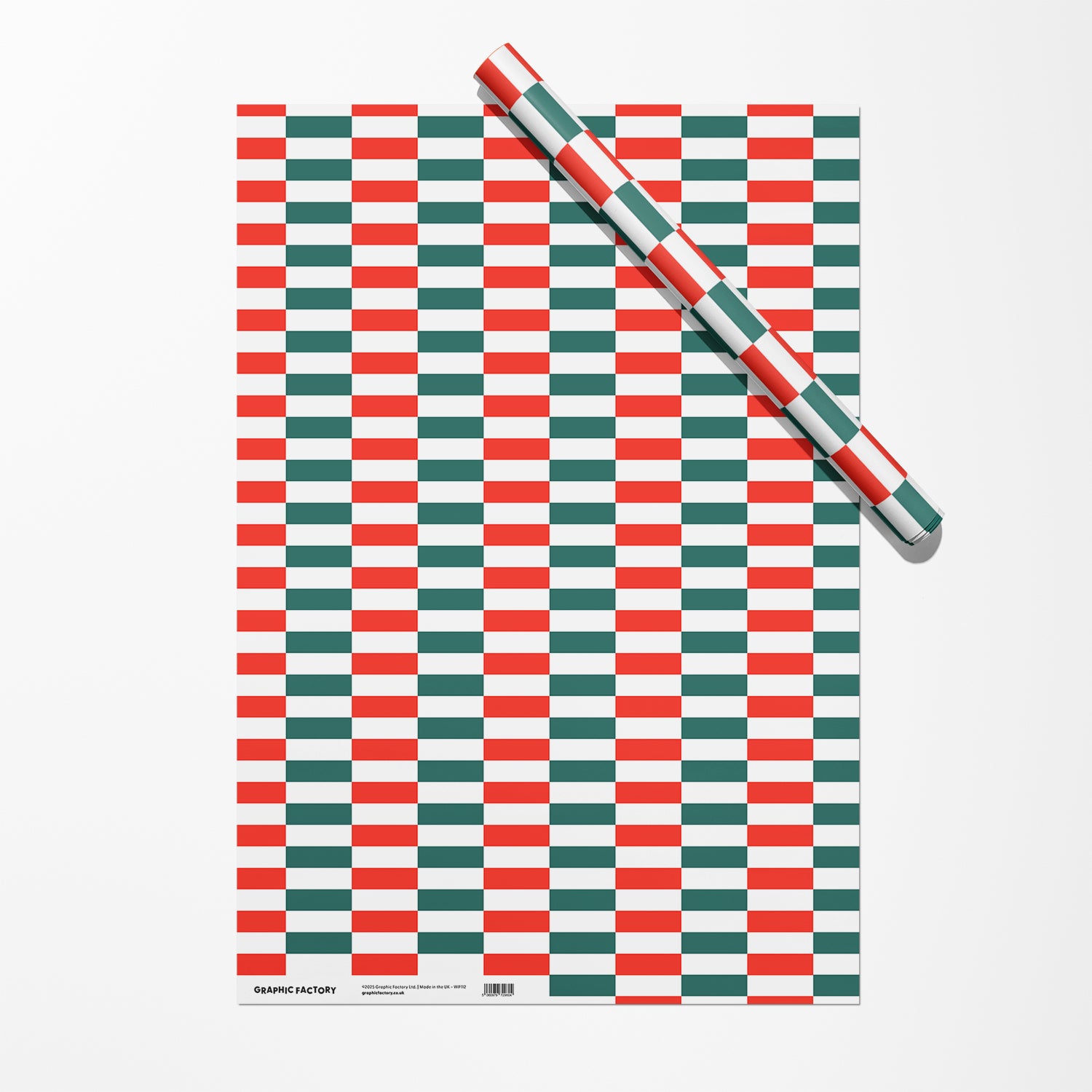 Modern Christmas wrapping paper with red, green and white woven stripe pattern.