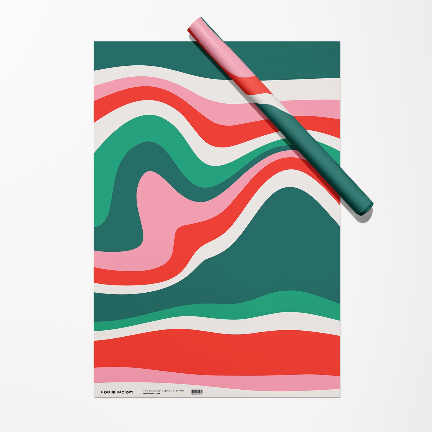 Festive wrapping paper with bold red, green and pink wavy design.