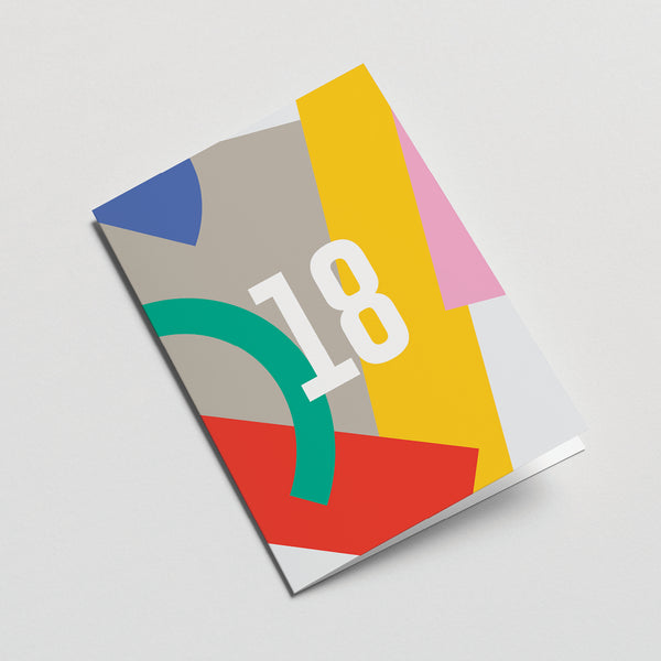 18th milestone age card with red yellow blue pink grey figures and number 18  Edit alt text