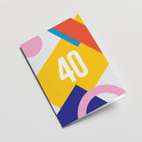 40th milestone age card with red yellow blue pink figures and number 40  Edit alt text