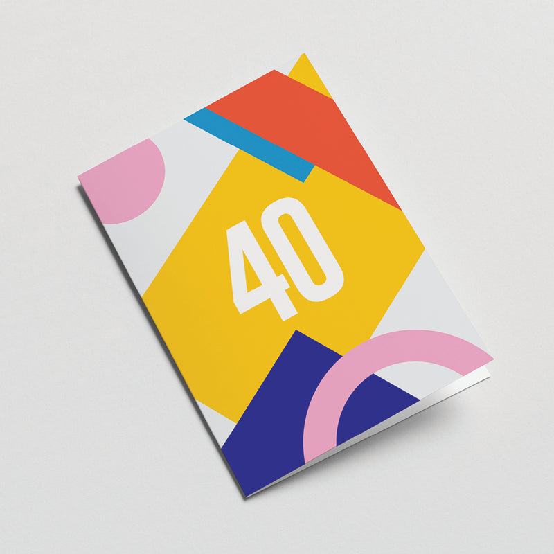 40th milestone age card with red yellow blue pink figures and number 40  Edit alt text