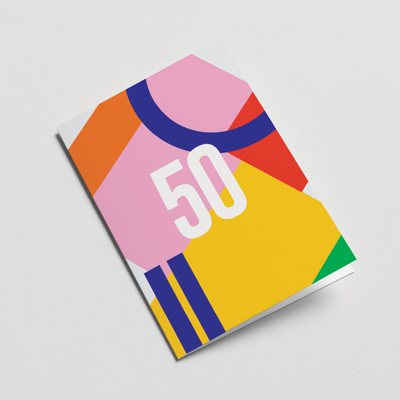 50th milestone age card with red yellow blue pink orange figures and number 50  Edit alt text