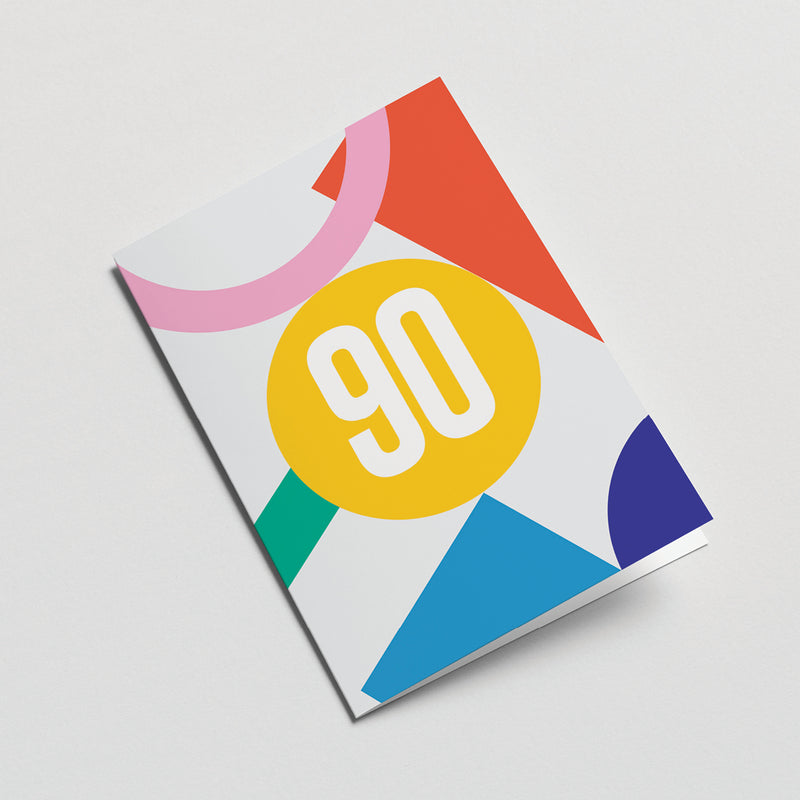 90th milestone age card with red yellow blue pink green figures and number 90  Edit alt text