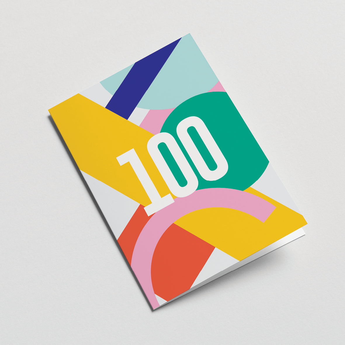 100th milestone age card with red yellow blue pink green figures and number 100