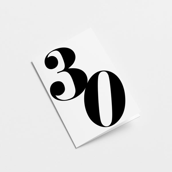 white 30th milestone age card with black number 30  Edit alt text