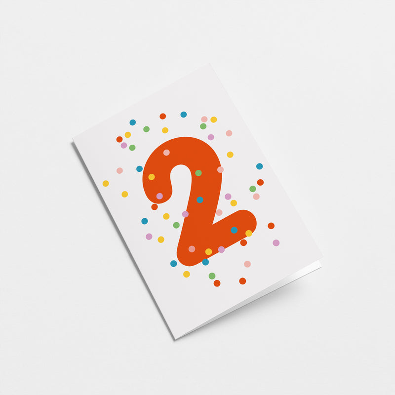 2nd birthday age card with colorful confetti and red number 2  Edit alt text