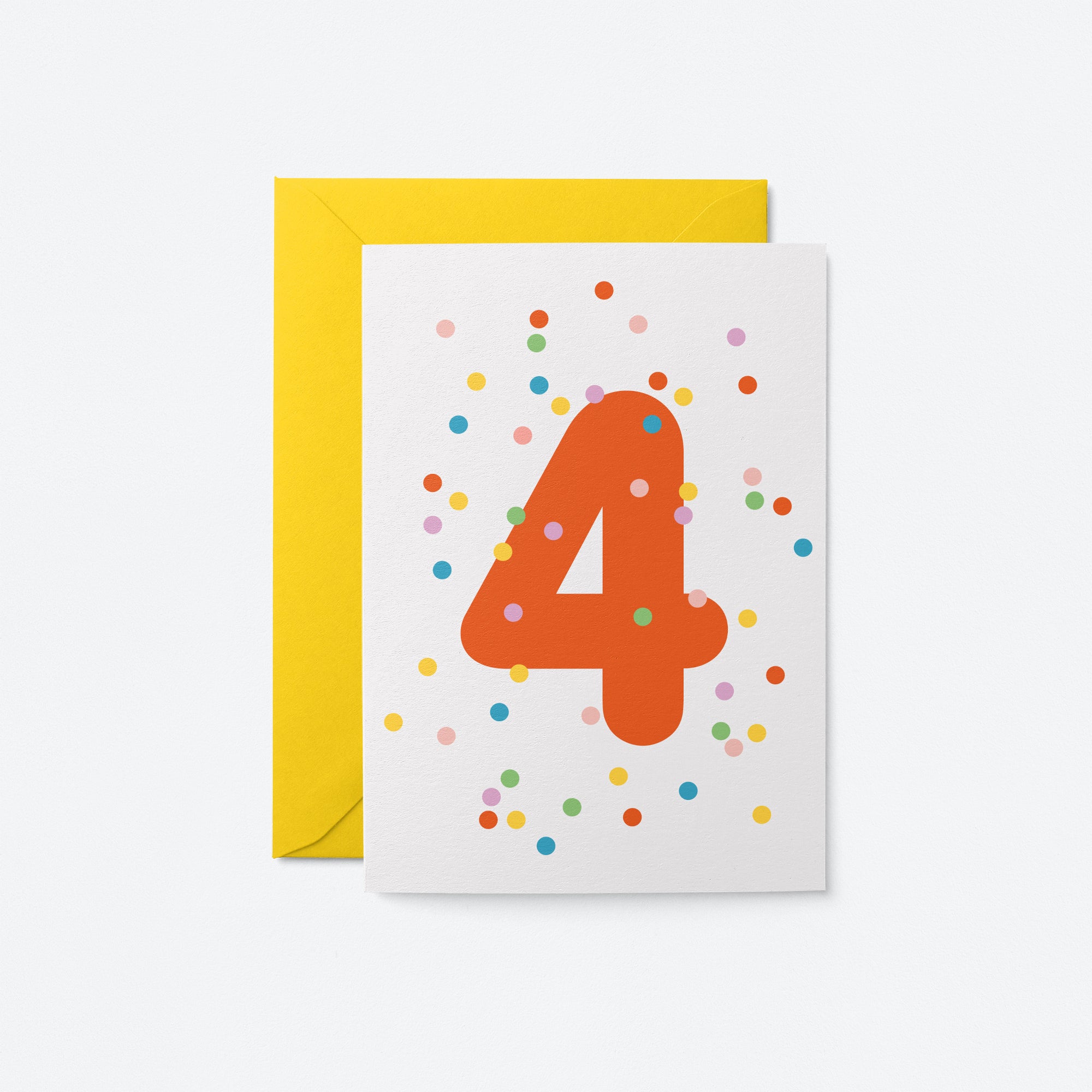 4th birthday age card with colorful confetti and red number 4