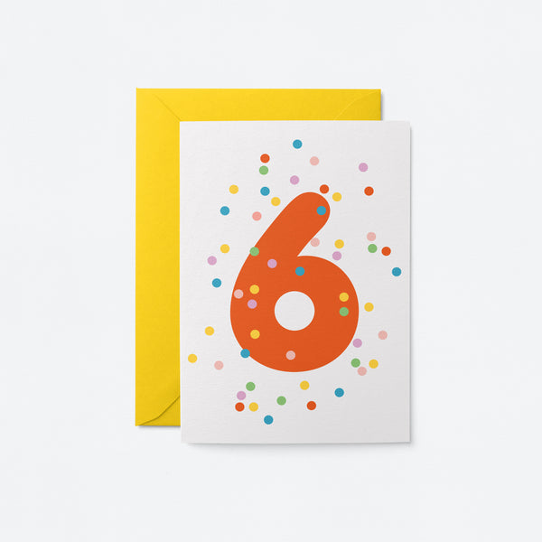 6th birthday age card with colorful confetti and red number 6