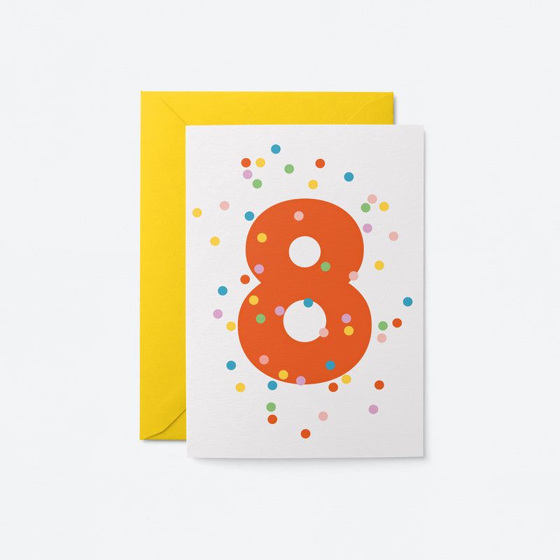 8th birthday age card with colorful confetti and red number 8
