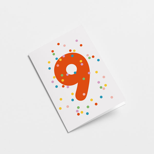 9th birthday age card with colorful confetti and red number 9