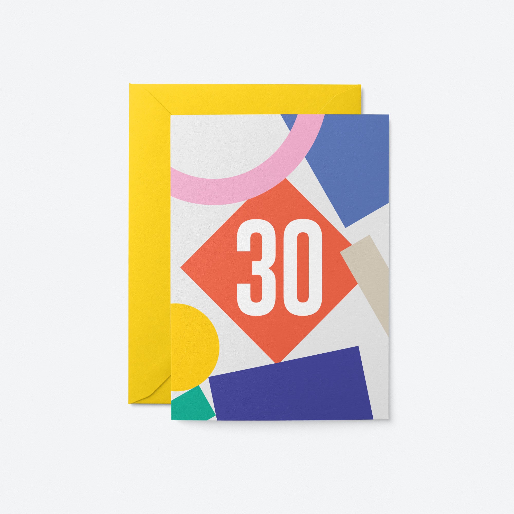 30th milestone age card with red yellow blue pink grey figures and number 30