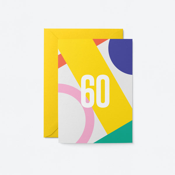 60th milestone age card with red yellow blue pink green figures and number 60