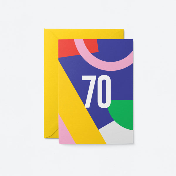 70th milestone age card with red yellow blue pink green figures and number 70