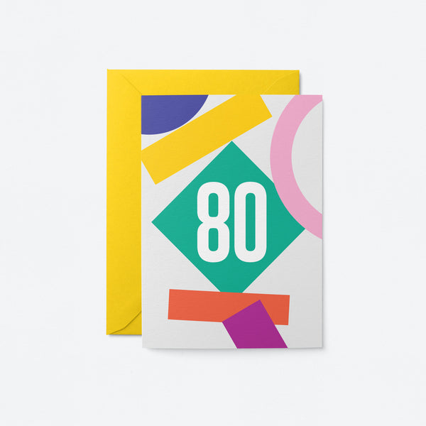 80th milestone age card with red yellow blue pink green purple figures and number 80