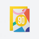 90th milestone age card with red yellow blue pink green figures and number 90