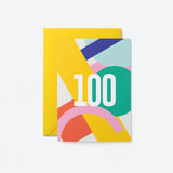100th milestone age card with red yellow blue pink green figures and number 100