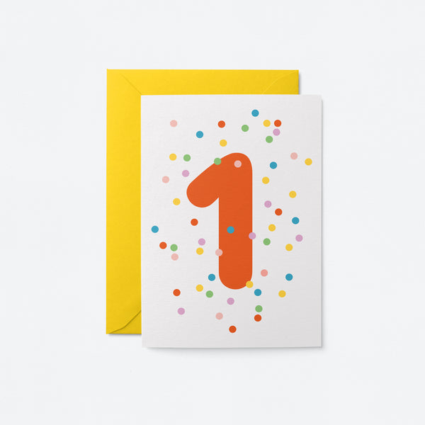 1st birthday age card with colorful confetti and red number 1