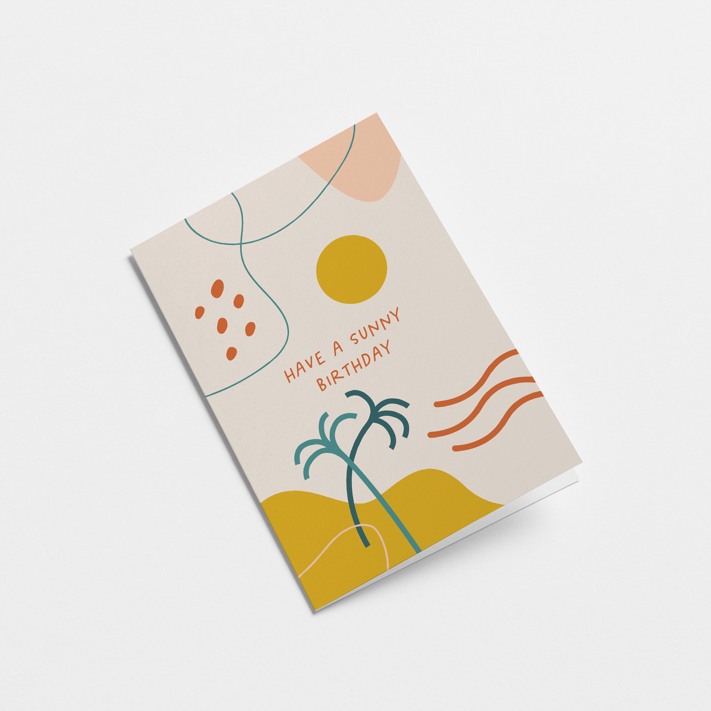 birthday card with a yellow sun and green plants and colorful figures and a text that says have a sunny birthday