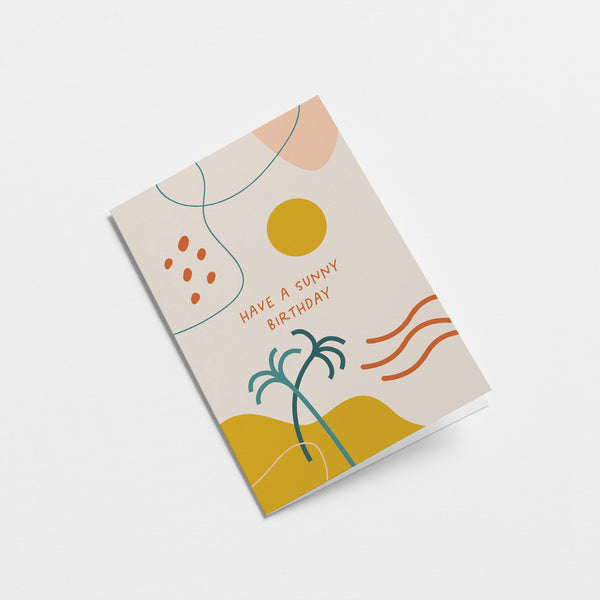 birthday card with a yellow sun and green plants and colorful figures and a text that says have a sunny birthday