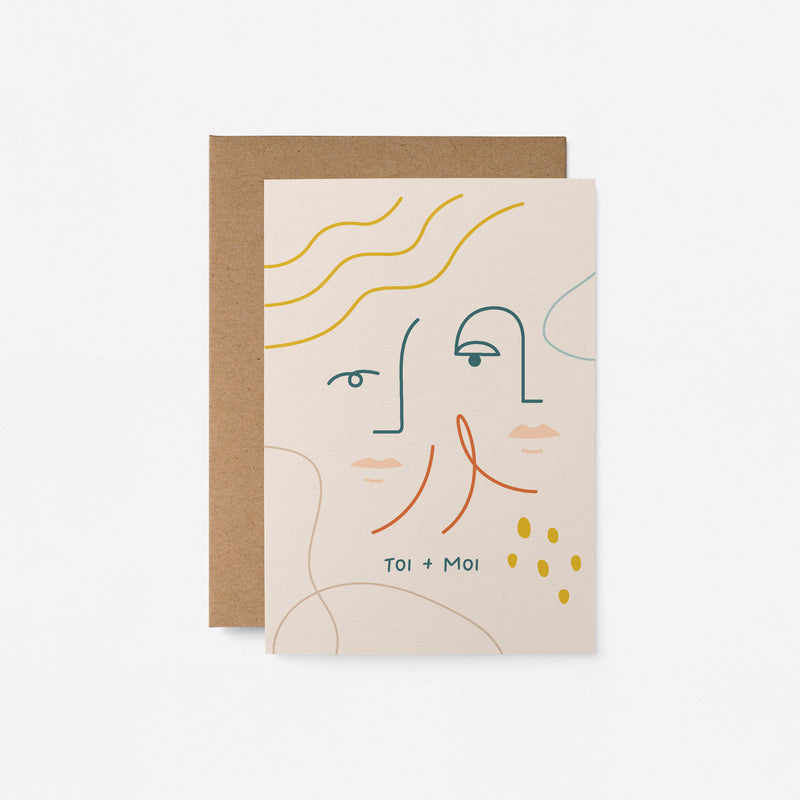 French Love card with 2 face drawings and colorful shapes and a text that says Toi + Moi