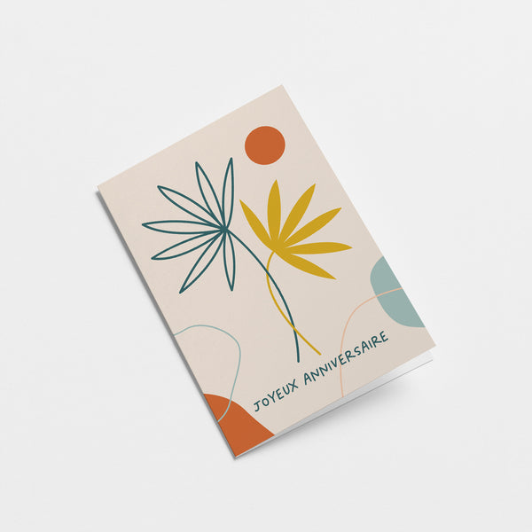 French anniversary card with a green plant drawing and a yellow plant drawing and a orange sun figure and a text that says Joyeux anniversaire