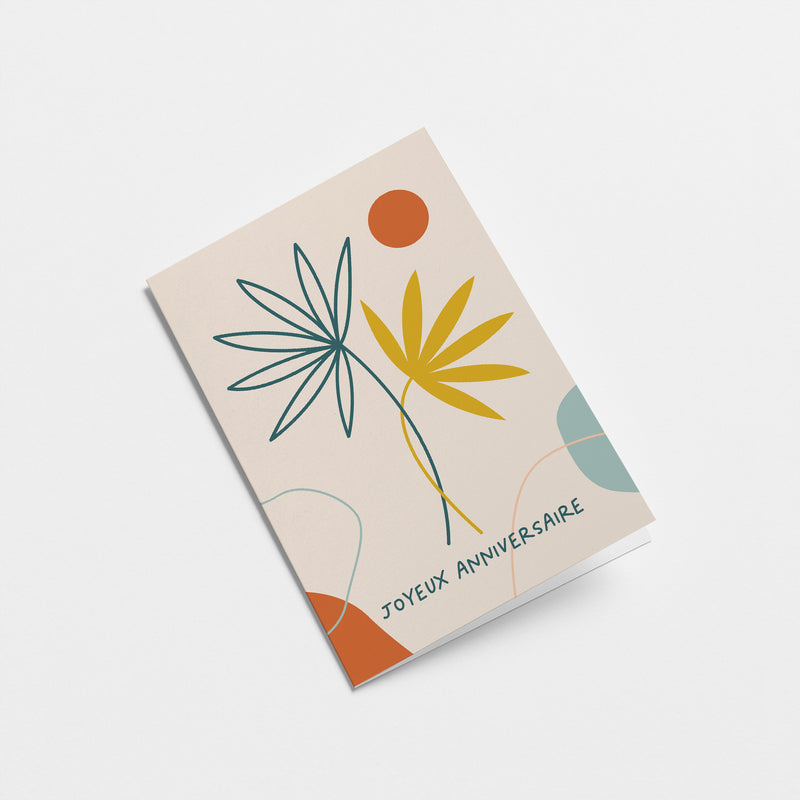 French anniversary card with a green plant drawing and a yellow plant drawing and a orange sun figure and a text that says Joyeux anniversaire