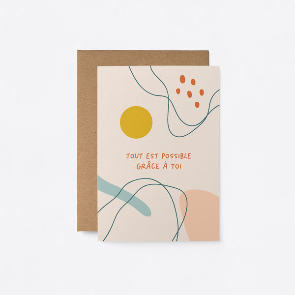 French thank you card with colorful figures and yellow sun and a text that says Tout est possible grâce à toi