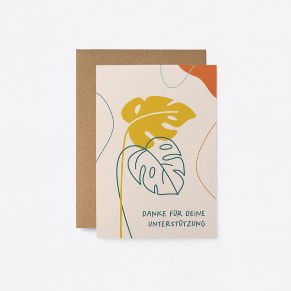 German thank you card with yellow and green leaf drawings and a text that says Danke für deine Unterstützung