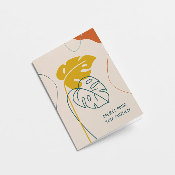 French thank you card with yellow and green leaf drawings and a text that says Merci pour ton soutien