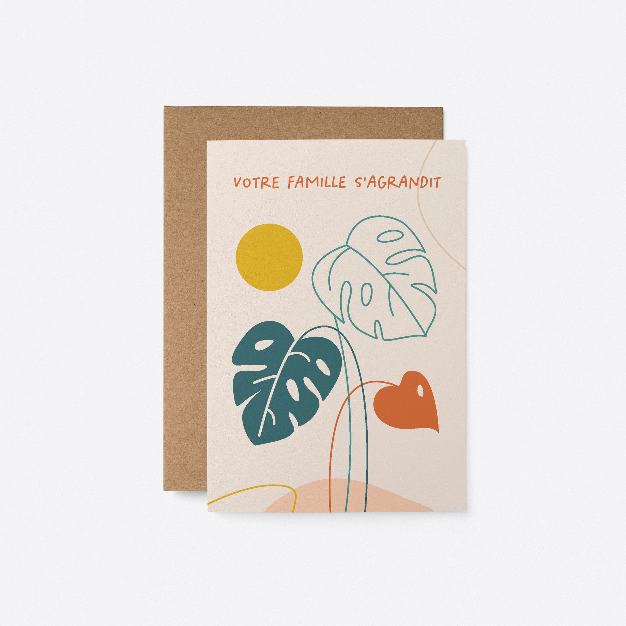 French new baby card with green leaf drawings and a little red leaf with yellow sun and a text that says Votre famille s’agrandit